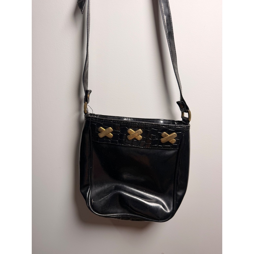 Viata Milano Crossbody‎ Bag Women Small Black Good Croc Trim Gold Hardware